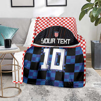 Football jersey blanket, red-white check border, blue/black pixel design, 'YOUR TEXT' 10