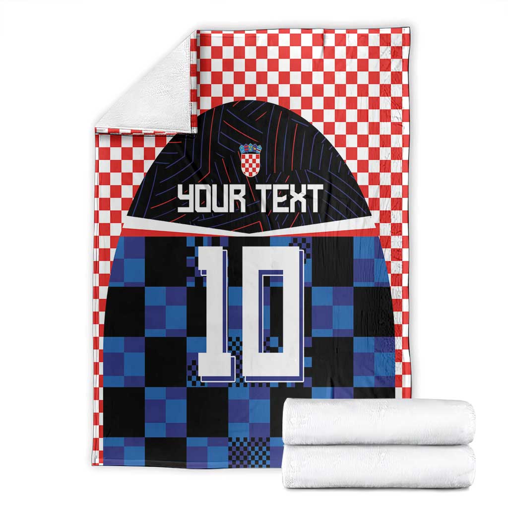 Football jersey blanket, red-white check border, blue/black pixel jersey print, 'YOUR TEXT' 10