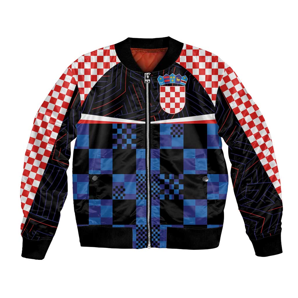 Unisex bomber jacket with zip, black and blue check front, red-white checker sleeves
