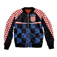 Unisex bomber jacket with zip, black and blue check front, red-white checker sleeves