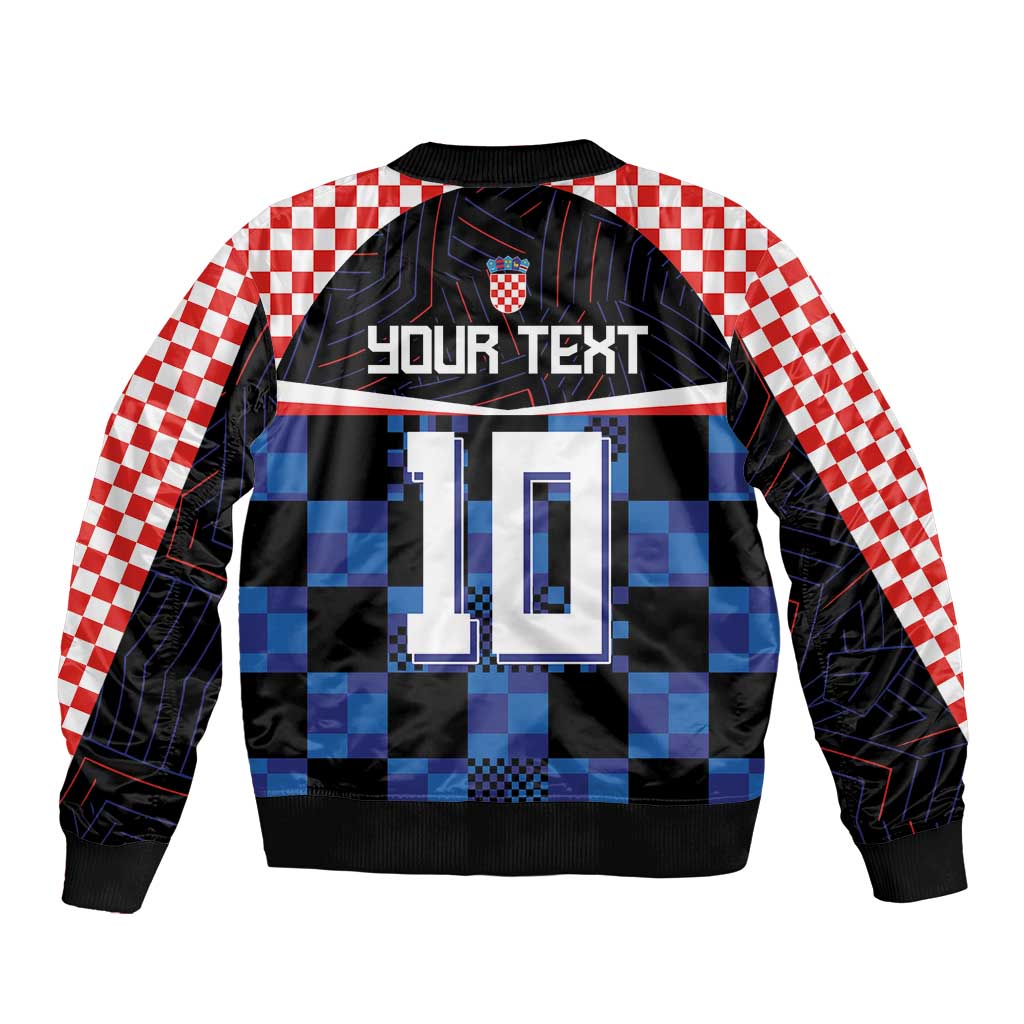 Unisex bomber jacket back with blue checker panel, 'YOUR TEXT' graphic, red-white sleeves