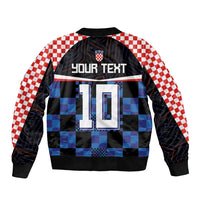 Unisex bomber jacket back with blue checker panel, 'YOUR TEXT' graphic, red-white sleeves