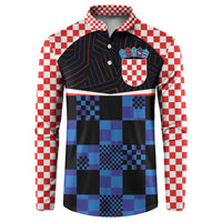 Croatia-inspired check button-up sweatshirt with crest, red/white checker sleeves, blue-black panels