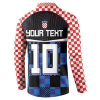 Back button-up sweatshirt: 'YOUR TEXT' over blue-black checker panels with red/white sleeves
