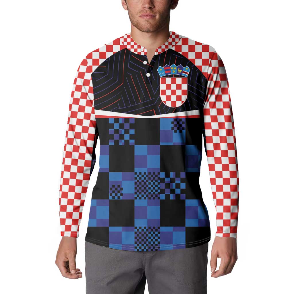 Men's button-up sweatshirt worn, red/white checker sleeves and blue-black square patchwork front
