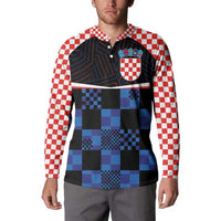 Men's button-up sweatshirt worn, red/white checker sleeves and blue-black square patchwork front