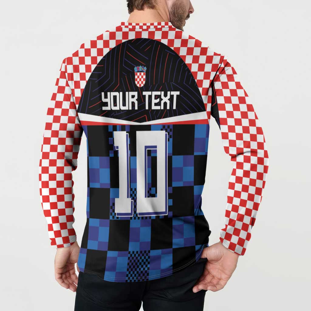 Back button-up sweatshirt with 'YOUR TEXT' graphic, blue-black checkered panels, red/white sleeves