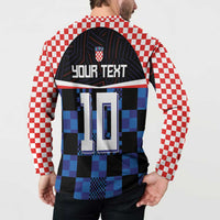 Back button-up sweatshirt with 'YOUR TEXT' graphic, blue-black checkered panels, red/white sleeves