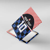 Angled football jersey canvas wall art with red check border, blue pixel grid, number 10