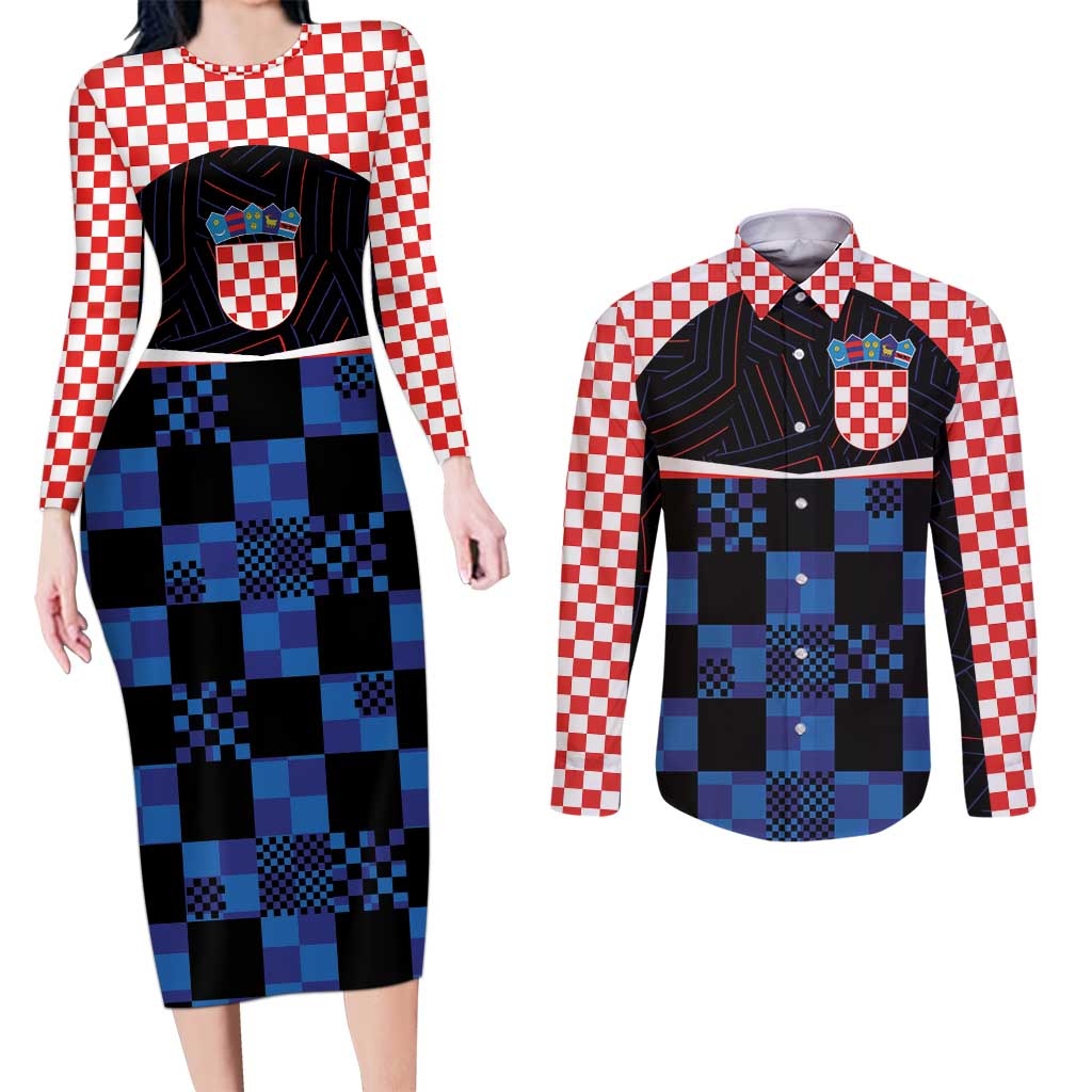 Custom Croatia Kockasti Football Jersey Couples Matching Long Sleeve Bodycon Dress and Long Sleeve Button Shirt