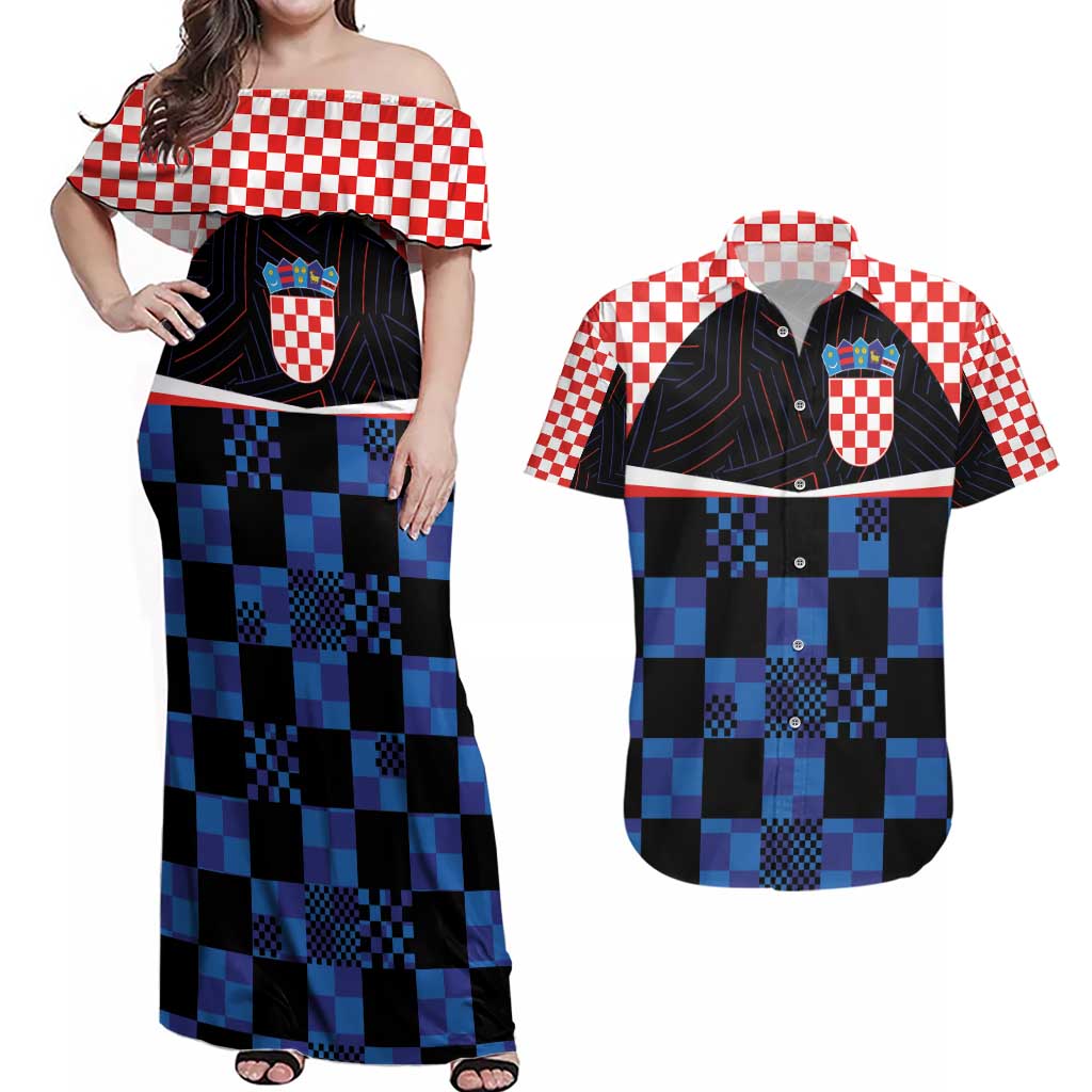 Custom Croatia Kockasti Football Jersey Couples Matching Off Shoulder Maxi Dress and Hawaiian Shirt