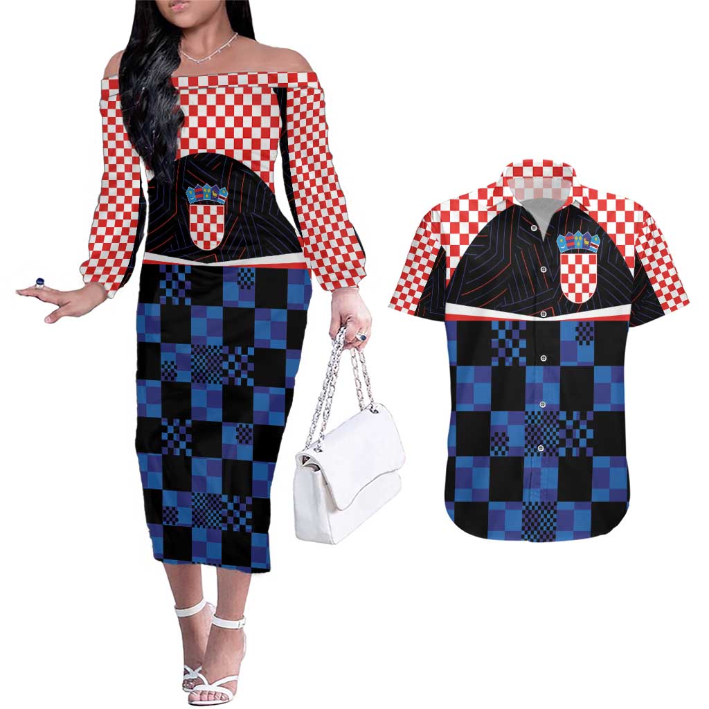 Custom Croatia Kockasti Football Jersey Couples Matching Off The Shoulder Long Sleeve Dress and Hawaiian Shirt