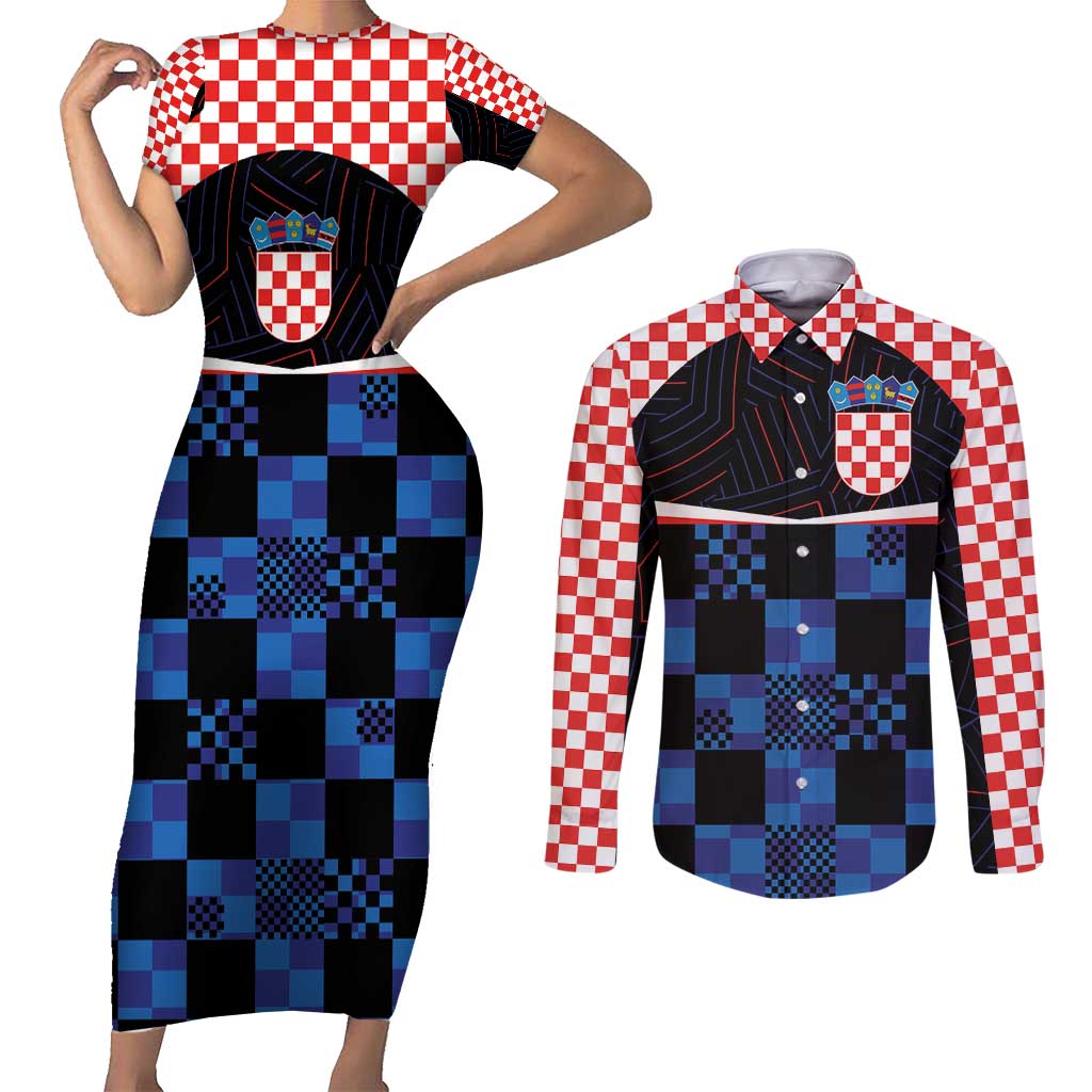 Custom Croatia Kockasti Football Jersey Couples Matching Short Sleeve Bodycon Dress and Long Sleeve Button Shirt