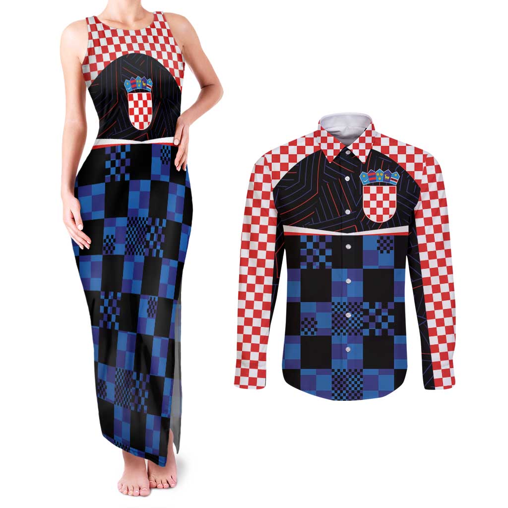 Custom Croatia Kockasti Football Jersey Couples Matching Tank Maxi Dress and Long Sleeve Button Shirt