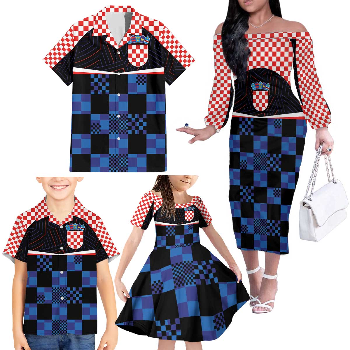 Custom Croatia Kockasti Football Jersey Family Matching Off The Shoulder Long Sleeve Dress and Hawaiian Shirt