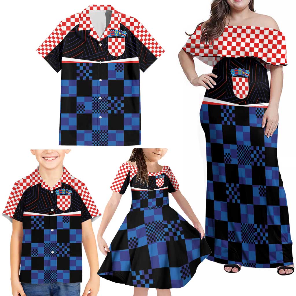 Custom Croatia Kockasti Football Jersey Family Matching Off Shoulder Maxi Dress and Hawaiian Shirt