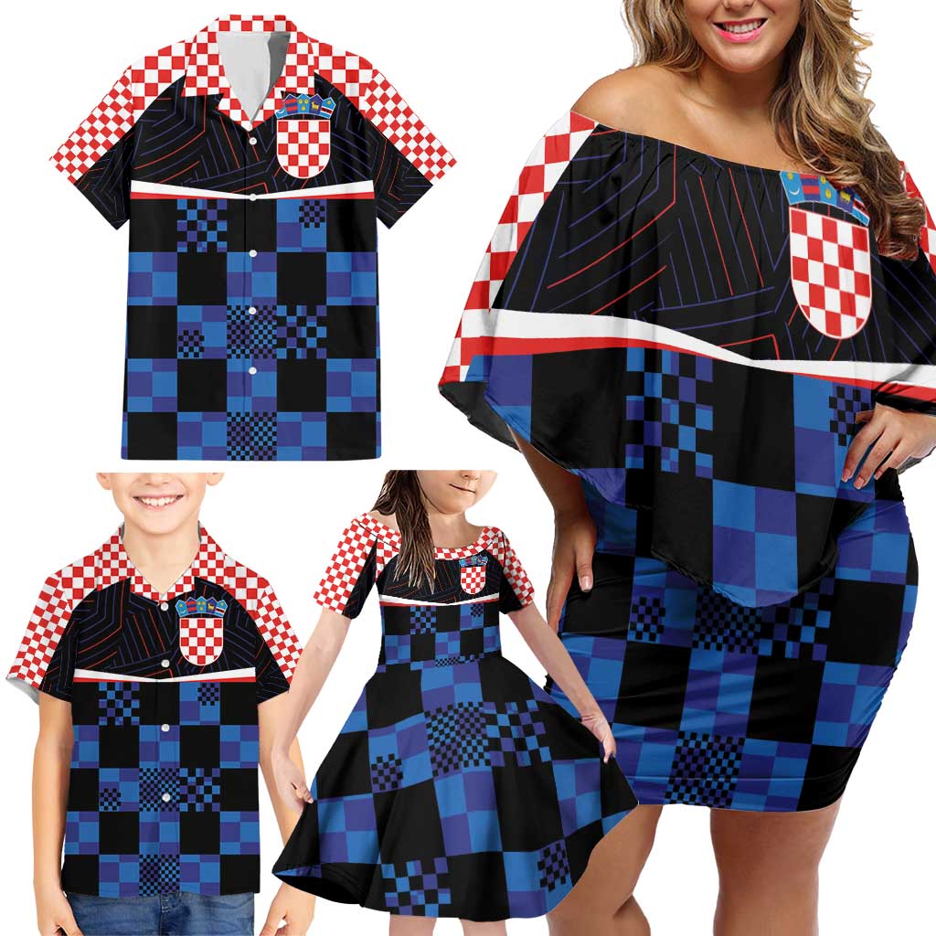 Custom Croatia Kockasti Football Jersey Family Matching Off Shoulder Short Dress and Hawaiian Shirt