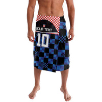 Custom football jersey lavalava with blue-black check pattern, red/white check band, 10 print