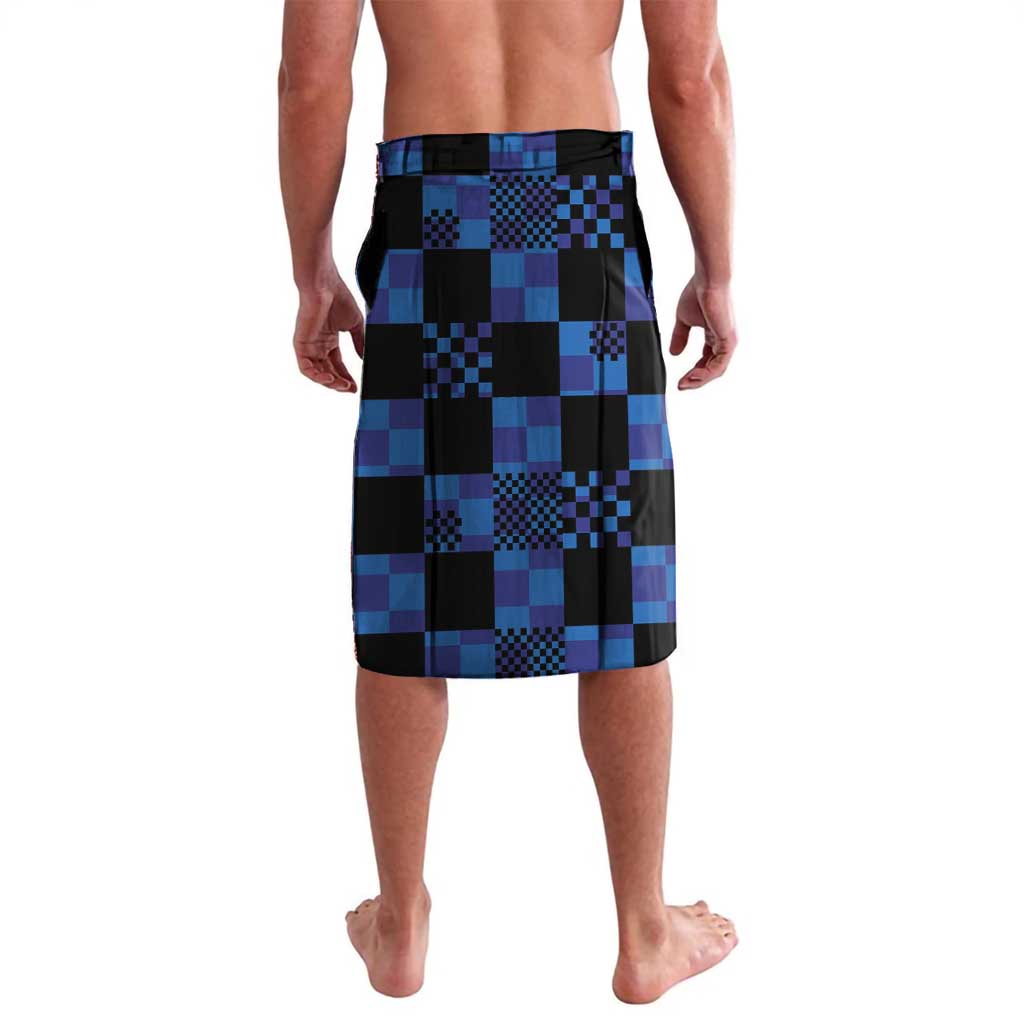 Blue-black check football jersey lavalava with black panels and wide waistband
