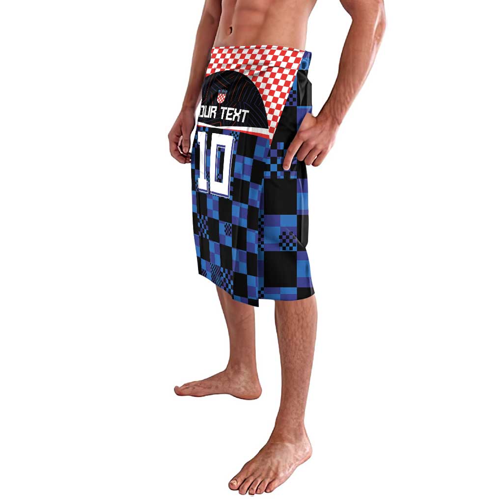 Custom football jersey lavalava in blue-black checks with red/white check band and 10