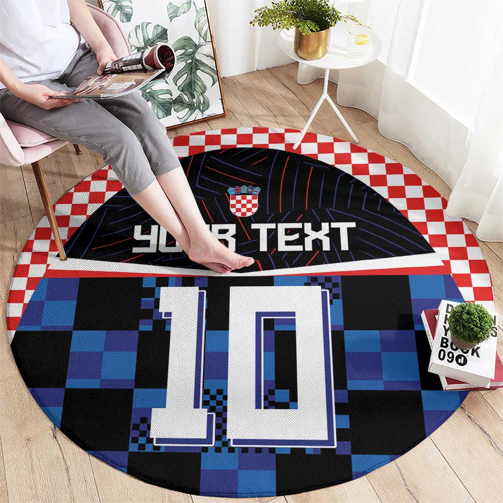 Round football jersey rug with blue and black checkerboard, large white and blue 10