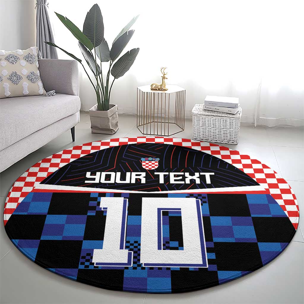 Round football jersey rug with crest and 'YOUR TEXT' banner, blue and black checkers