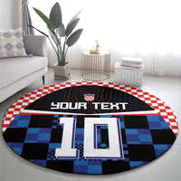 Round football jersey rug with crest and 'YOUR TEXT' banner, blue and black checkers