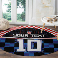Round football jersey rug with 'YOUR TEXT' graphic and large white-blue 10 on blue checkers