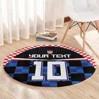 Round football jersey rug with 'YOUR TEXT' and blue 10 motif on black-and-blue checkerboard