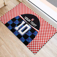 Custom football jersey rubber doormat, red checkered border, blue pixel jersey 10 design