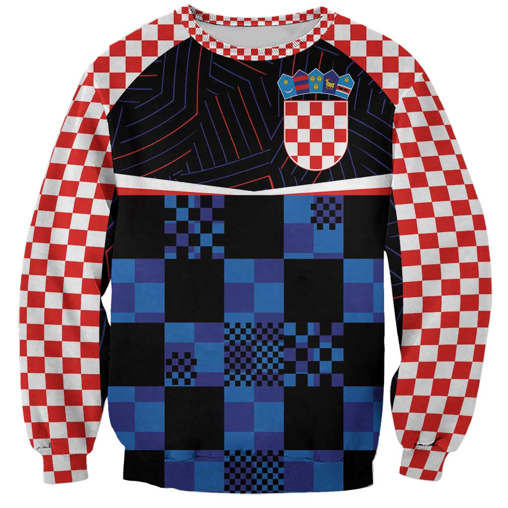 Custom football jersey sweatshirt, crewneck, checkered red/white sleeves, blue checker graphic