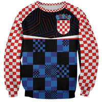 Custom football jersey sweatshirt, crewneck, checkered red/white sleeves, blue checker graphic