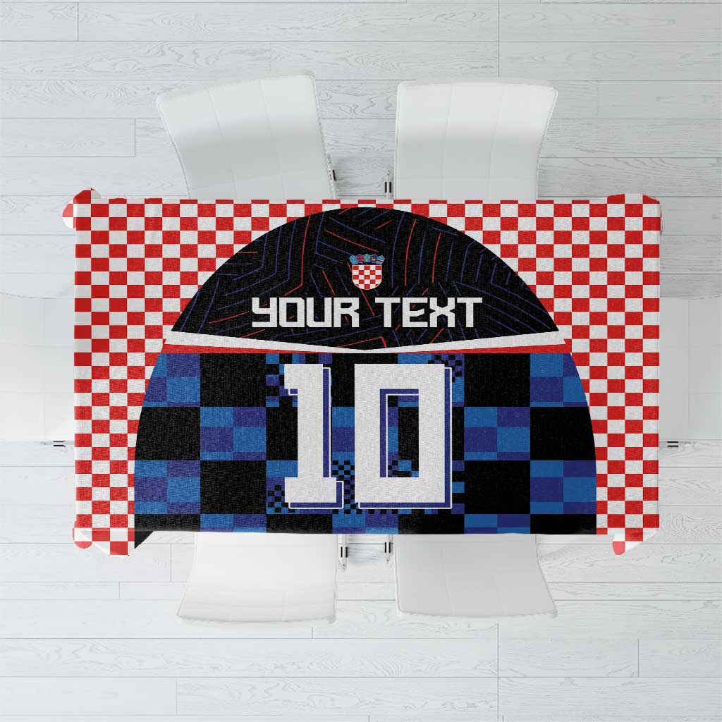 Custom football jersey tablecloth with red checkered border and blue/black jersey print