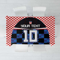 Custom football jersey tablecloth with red checkered border and blue/black jersey print