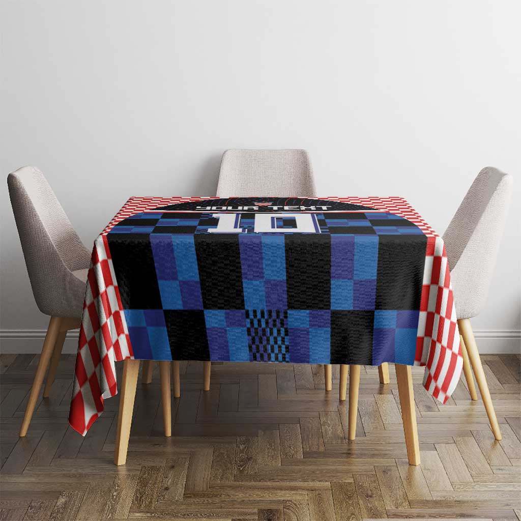 Football jersey tablecloth in blue and black with red-and-white checkered pattern