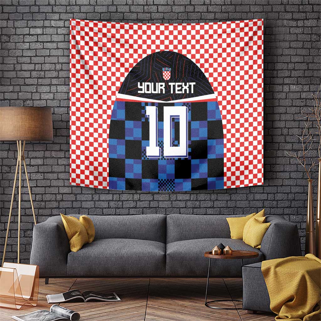 Blue-and-black check soccer jersey tapestry with number 10 and custom text