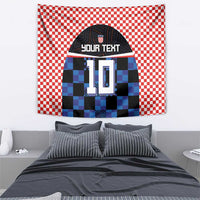 Soccer jersey wall tapestry with blue-and-black check design, number 10 and custom text
