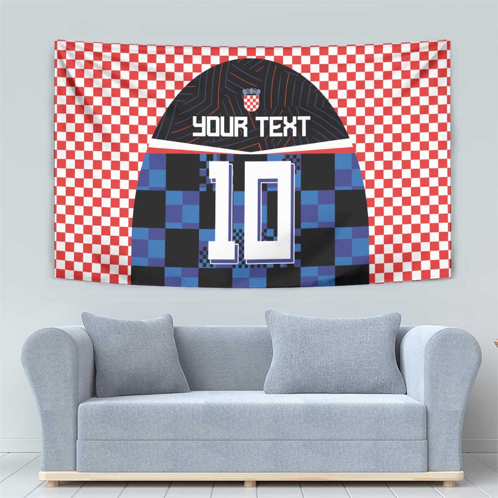 Soccer jersey tapestry with blue-black check jersey, crest, number 10 and custom text