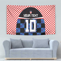 Soccer jersey tapestry with blue-black check jersey, crest, number 10 and custom text