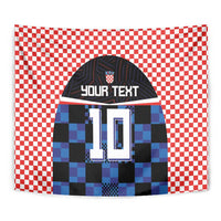 Close-up soccer jersey tapestry with blue-and-black check pattern, number 10 and custom text