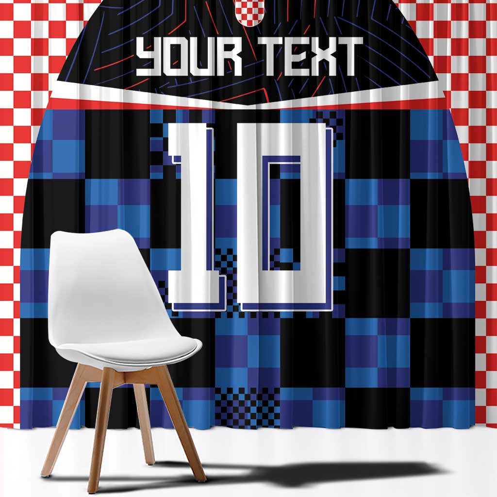 Close-up window curtain panel with blue-and-black plaid jersey graphic and white number details