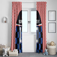Tall window curtain panels with red-and-white checks and blue/black jersey-style design