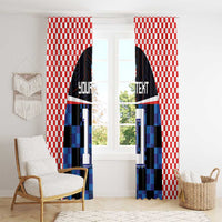 Window curtain pair with red-and-white checkerboard top and blue/black soccer jersey artwork