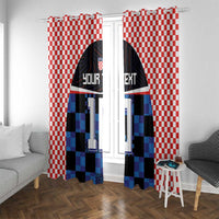 Two window curtain panels with red-and-white check pattern and blue/black soccer jersey graphics