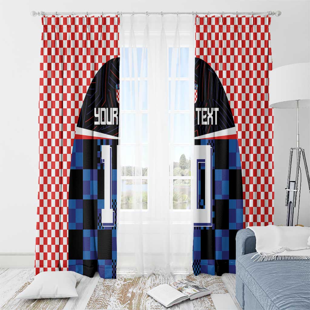 Hanging window curtain panels with red checkerboard design and blue/black jersey-themed print