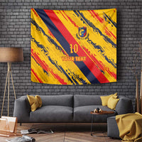 Football tapestry with yellow, red, and navy diagonal stripes and 'YOUR TEXT' print