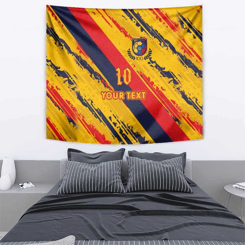 Football tapestry with top crest, yellow/red/navy diagonal stripes, and 'YOUR TEXT' print