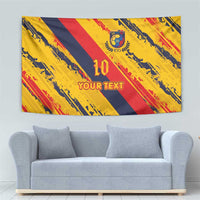 Football tapestry with '10' emblem, yellow/red/navy diagonal stripes, and 'YOUR TEXT' print