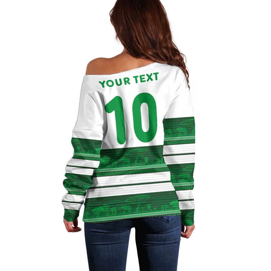 Women’s off-shoulder rugby sweater back, white with green stripes and custom '10' print