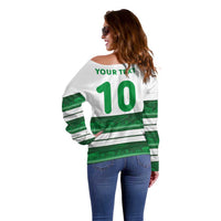 Women’s off-shoulder rugby sweater back, white with green stripes, number and 'Your Text'